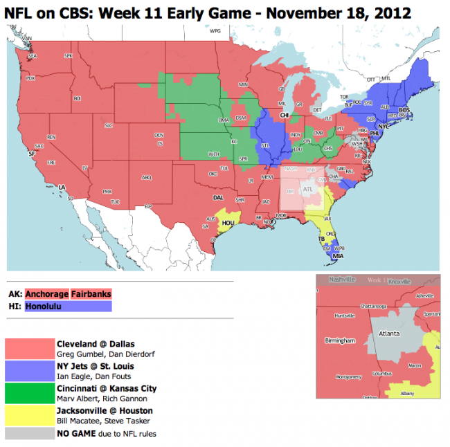 NFL TV Schedule Week 11 Coverage Maps for CBS and FOX Action