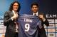 PARIS, FRANCE - JULY 16: Paris Saint-Germain's (PSG) new forward, Edinson Cavani (L), and Paris Saint-Germain's (PSG) chairman Nasser Al-Khelaifi, pose with Cavani's jersey during a press conference on July 16, 2013 in Paris, France. Cavani's transfer to