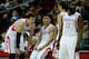 HOUSTON, TX - MARCH 15: Omer Asik #3, Jeremy Lin #7, Chandler Parsons #25 and James Harden #13 of the Houston Rockets wait near the bench during the game against the Minnesota Timberwolves at Toyota Center on March 15, 2013 in Houston, Texas. NOTE TO USE
