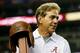 ATLANTA, GA - AUGUST 31: Head coach Nick Saban of the Alabama Crimson Tide holds up the leather helmet after their 35-10 win over the Virginia Tech Hokies at Georgia Dome on August 31, 2013 in Atlanta, Georgia. (Photo by Kevin C. Cox/Getty Images)