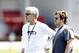 May 10, 2013; Renton, WA, USA; Seattle Seahawks head coach Pete Carroll, left, and general manager John Schneider observe a rookie minicamp practice at the Virginia Mason Athletic Center. Mandatory Credit: Joe Nicholson-USA TODAY Sports