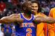 BOSTON, MA - APRIL 28: Raymond Felton #2 of the New York Knicks celebrates after making a three-point shot to end the third quarter against the Boston Celtics during Game Four of the Eastern Conference Quarterfinals of the 2013 NBA Playoffs on April 28, 2
