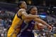 Jul 18, 2013; Los Angeles, CA, USA; Phoenix Mercury forward Candice Dupree (4) is fouled by Los Angeles Sparks forward Candace Parker (3) at the Staples Center. The Mercury defeated the Sparks 90-84. Mandatory Credit: Kirby Lee-USA TODAY Sports