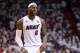 MIAMI, FL - JUNE 20: LeBron James #6 of the Miami Heat reacts in the second quarter while taking on the San Antonio Spurs during Game Seven of the 2013 NBA Finals at AmericanAirlines Arena on June 20, 2013 in Miami, Florida. NOTE TO USER: User expressly