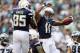 PHILADELPHIA, PA - SEPTEMBER 15: Wide receiver Eddie Royal #11 of the San Diego Chargers celebrates with teammate Antonio Gates #85 in the end zone after making a catch for a 15 yard touchdown catch against the Philadelphia Eagles during the fourth quarte