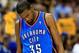 MEMPHIS, TN - MAY 11: Kevin Durant #35 of the Oklahoma City Thunder reacts after a foul during Game Three of the Western Conference Semifinals of the 2013 NBA Playoffs against the Memphis Grizzlies at FedExForum on May 11, 2013 in Memphis, Tennessee. (P