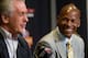 July 11 2012; Miami, FL, USA; Miami Heat player Ray Allen (right) smiles as Heat president Pat Riley (left) answers questions from reporters during a press conference at American Airlines Arena. Mandatory Credit: Steve Mitchell-USA TODAY Sports