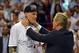 Jun 20, 2013; Miami, FL, USA; Miami Heat power forward Chris Andersen (left) celebrates with Heat president Pat Riley after defeating the San Antonio Spurs in game seven in the 2013 NBA Finals at American Airlines Arena. Miami Heat won 95-88 to win the NB