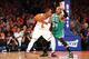 Apr 20, 2013; New York, NY, USA; New York Knicks shooting guard J.R. Smith (8) drives to the net as Boston Celtics small forward Paul Pierce (34) defends during game one of the first round of the 2013 NBA playoffs at Madison Square Garden. Mandatory Credi