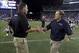Aug 16, 2013; Foxborough, MA, USA; New England Patriots head coach Bill Belichick shakes hands with Tampa Bay Buccaneers head coach Greg Schiano following the preseason game at Gillette Stadium. The Patriots defeated the Buccaneers 25-21. Mandatory Credit