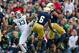 Sep 21, 2013; South Bend, IN, USA; Notre Dame Fighting Irish safety Matthias Farley (41) intercepts a pass intended for Michigan State Spartans wide receiver Bennie Fowler (13) in the third quarter at Notre Dame Stadium. Notre Dame won 17-13. Mandatory Cr