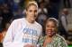 Sep 20, 2013; Rosemont, IL, USA; Chicago Sky guard/forward Elena Delle Donne (11) poses for a photo with WNBA president Laurel Richie before the first round of the WNBA playoffs against the Indiana Fever at Allstate Arena. Mandatory Credit: Jerry Lai-USA