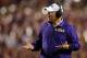 Sep 21, 2013; Baton Rouge, LA, USA; LSU Tigers head coach Les Miles reacts to a call in the second half against the Auburn Tigers at Tiger Stadium. LSU defeated Auburn 35-21. Mandatory Credit: Crystal LoGiudice-USA TODAY Sports