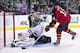 Sep 18, 2013; Dallas, TX, USA; Dallas Stars goalie Cris Nilstorp (41) makes a save on Florida Panthers center Aleksander Barkov (16) during the overtime shootout at the American Airlines Center. The Stars defeated the Panthers 3-2 in the overtime shootout