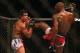 September 22, 2012; Toronto, ON, CANADA; Jon Jones kicks Vitor Belfort in the light heavyweight championship during UFC 152 at the Air Canada Centre. Mandatory Credit: Tom Szczerbowski-USA TODAY Sports