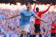MANCHESTER, ENGLAND - SEPTEMBER 22: Samir Nasri of Manchester City celebrates as he scores their fourth goal during the Barclays Premier League match between Manchester City and Manchester United at the Etihad Stadium on September 22, 2013 in Manchester,