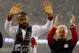 HARRISON, NJ - NOVEMBER 07: Thierry Henry #14 of the New York Red Bulls and Head Coach Hans Backe salute the crowd after the match was called due to unfavorable weather conditions at Red Bull Arena on November 7, 2012 in Harrison, New Jersey. (Photo by