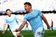 MANCHESTER, ENGLAND - SEPTEMBER 22: Sergio Aguero of Manchester City (16) celebrates as he scores their first goal during the Barclays Premier League match between Manchester City and Manchester United at the Etihad Stadium on September 22, 2013 in Manch