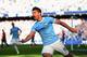 MANCHESTER, ENGLAND - SEPTEMBER 22: Sergio Aguero of Manchester City (16) celebrates as he scores their first goal during the Barclays Premier League match between Manchester City and Manchester United at the Etihad Stadium on September 22, 2013 in Manch