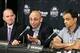 Jul 1, 2013; Sacramento, CA, USA; Sacramento Kings head coach Michael Malone, general manager Pete DAlessandro and majority owner Vivek Ranadive during a press conference at the Sleep Train Arena press room. Mandatory Credit: Kelley L Cox-USA TODAY Sports