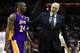 CHARLOTTE, NC - FEBRUARY 14: Head coach Phil Jackson talks to Kobe Bryant #24 of the Los Angeles Lakers during their game against the Charlotte Bobcats at Time Warner Cable Arena on February 14, 2011 in Charlotte, North Carolina. NOTE TO USER: User expre