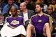 Feb. 5, 2013; Brooklyn, NY, USA; Los Angeles Lakers shooting guard Kobe Bryant (left) and power forward Pau Gasol (16) react on the bench against the Brooklyn Nets during the first half at Barclays Center. Mandatory Credit: Debby Wong-USA TODAY Sports