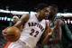Mar 13, 2013; Boston, MA, USA; Toronto Raptors small forward Rudy Gay (22) drives the ball against Boston Celtics power forward Jeff Green (8) during the first quarter at the TD Garden. Mandatory Credit: David Butler II-USA TODAY Sports