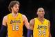 November 27, 2012; Los Angeles, CA, USA; Los Angeles Lakers power forward Pau Gasol (16) and shooting guard Kobe Bryant (24) during a stoppage in play against the Indiana Pacers during the second half at Staples Center. Mandatory Credit: Gary A. Vasquez-U