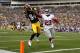 PITTSBURGH, PA - AUGUST 10: Antonio Brown #84 of the Pittsburgh Steelers makes a catch in the end zone that was over turned as a touchdown in the first half against Corey Webster #23 of the New York Giants during the game on August 10, 2013 at Heinz Fiel
