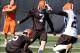 Jun 4, 2013; Berea, OH, USA; Cleveland Browns kicker Shayne Graham (7) kicks during special team drills as Spencer Lanning (5) holds during minicamp at the Cleveland Browns Training Facility. Mandatory Credit: Ron Schwane-USA TODAY Sports