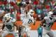 Sep 22, 2013; Miami Gardens, FL, USA; Miami Dolphins quarterback Ryan Tannehill (17) competes a pass in the fourth quarter in a game against the Atlanta Falcons at Sun Life Stadium. Miami won 27-23. Mandatory Credit: Robert Mayer-USA TODAY Sports