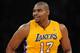 Jan 31, 2012; Los Angeles, CA, USA; Los Angeles Lakers center Andrew Bynum (17) heads down court during the first half of the game against the Charlotte Bobcats at the Staples Center. Mandatory Credit: Jayne Kamin-Oncea-USA TODAY Sports