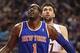 Feb 22, 2013; Toronto, ON, Canada; New York Knicks forward Amar'e Stoudemire (7) positions himself for a rebound against Toronto Raptors center Andrea Bargnani (7) at the Air Canada Centre. The Raptors beat the Knicks 100-98. Mandatory Credit: Tom Szczerb
