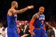 NEW YORK, NY - DECEMBER 11: Carmelo Anthony #7 of the New York Knicks celebrates scoring a basket with Tyson Chandler #6 against the Brooklyn Nets during their game at the Barclays Center on December 11, 2012 in the Brooklyn borough of New York City. NOT