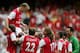 LONDON - JULY 22: Dennis Bergkamp of Arsenal is carried aloft by teammates, following his final game during the Dennis Bergkamp testimonial match between Arsenal and Ajax at the Emirates Stadium on July 22, 2006 in London, England. (Photo by Jamie McDon