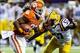 Dec 31, 2012; Atlanta, GA, USA; Clemson Tigers running back Andre Ellington (23) runs the ball past LSU Tigers linebacker Lamin Barrow (57) in the first half during the Chick-fil-A Bowl at the Georgia Dome. Mandatory Credit: Daniel Shirey-USA TODAY Sports