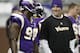 DETROIT, MI - DECEMBER 13: Brett Favre #4 of the Minnesota Vikings talks with Letroy Guion #98 during warm ups prior to playing the New York Giants at Ford Field on December 13, 2010 in Detroit, Michigan. (Photo by Gregory Shamus/Getty Images)