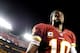 LANDOVER, MD - SEPTEMBER 09: Quarterback Robert Griffin III #10 of the Washington Redskins walks off the field after losing to the Philadelphia Eagles at FedExField on September 9, 2013 in Landover, Maryland. The Philadelphia Eagles won, 33-27. (Photo by