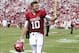 Sep 14, 2013; Norman, OK, USA; Oklahoma Sooners quarterback Blake Bell (10) reacts after the victory against the Tulsa Golden Hurricane at Gaylord Family - Oklahoma Memorial Stadium. Mandatory Credit: Kevin Jairaj-USA TODAY Sports