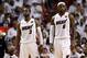 Jun 18, 2013; Miami, FL, USA; Miami Heat shooting guard Dwyane Wade (3) and small forward LeBron James (6) react during the second quarter of game six in the 2013 NBA Finals against the San Antonio Spurs at American Airlines Arena. Mandatory Credit: Deri