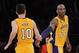 Mar 22, 2013; Los Angeles, CA, USA; Los Angeles Lakers shooting guard Kobe Bryant (24) and point guard Steve Nash (10) in the second half of the game against the Washington Wizards at the Staples Center. Wizards won 103-100. Mandatory Credit: Jayne Kamin