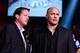 Jun 19, 2013; Thackerville, OK, USA; Bellator chief executive officer Bjorn Rebney (right) speaks with Spike TV executive Jon Slusser (left) during BFC 96 at the WinStar World Casino. Mandatory Credit: Kevin Jairaj-USA TODAY Sports