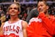 April 26, 2012; Chicago, IL, USA; Chicago Bulls center Joakim Noah (left) and Chicago Bulls point guard Derrick Rose (right) sit on the bench during the second half against the Cleveland Cavaliers at the United Center. The Bulls beat the Cavaliers 107-75.