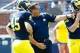 September 8, 2012; Ann Arbor, MI, USA; Michigan Wolverines head coach Brady Hoke talks to kicker Matt Wile (45) and punter Will Hagerup (43) before the game against the Air Force Falcons at Michigan Stadium. Mandatory Credit: Rick Osentoski-USA TODAY Spor