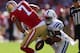 SAN FRANCISCO, CA - SEPTEMBER 22: Colin Kaepernick #7 of the San Francisco 49ers is sacked by Jerrell Freeman #50 of the Indianapolis Colts at Candlestick Park on September 22, 2013 in San Francisco, California. (Photo by Jed Jacobsohn/Getty Images)