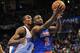 Apr 7, 2013; Oklahoma City, OK, USA; New York Knicks guard Raymond Felton (2) attempts a shot while being guarded by Oklahoma City Thunder forward Serge Ibaka (9) during the first half at Chesapeake Energy Arena. Mandatory Credit: Mark D. Smith-USA TODAY