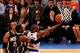 May 16, 2013; New York, NY, USA; New York Knicks point guard Raymond Felton (2) goes up for a shot as Indiana Pacers center Ian Mahinmi (28) defends during the second half in game five of the second round of the 2013 NBA Playoffs at Madison Square Garden.