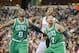 Dec 30, 2012; Sacramento, CA, USA; Boston Celtics power forward Jeff Green (8) and Sacramento Kings power forward Jason Thompson (34) and Boston Celtics power forward Jared Sullinger (7) look for the rebound during the fourth quarter at Sleep Train Arena.