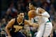 Jan 4, 2013; Boston, Massachusetts, USA; Blood drips from the right eye brow of Indiana Pacers forward/center Jeff Pendergraph (29) while guarding Boston Celtics power forward Jared Sullinger (7) during the fourth quarter at TD Banknorth Garden. The Bost