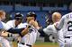 ST. PETERSBURG, FL - SEPTEMBER 20: Outfielder Desmond Jennings #8 of the Tampa Bay Rays celebrates after scoring the winning run against the Baltimore Orioles September 20, 2013 at Tropicana Field in St. Petersburg, Florida. The Rays won 5 - 4 in 18 inni